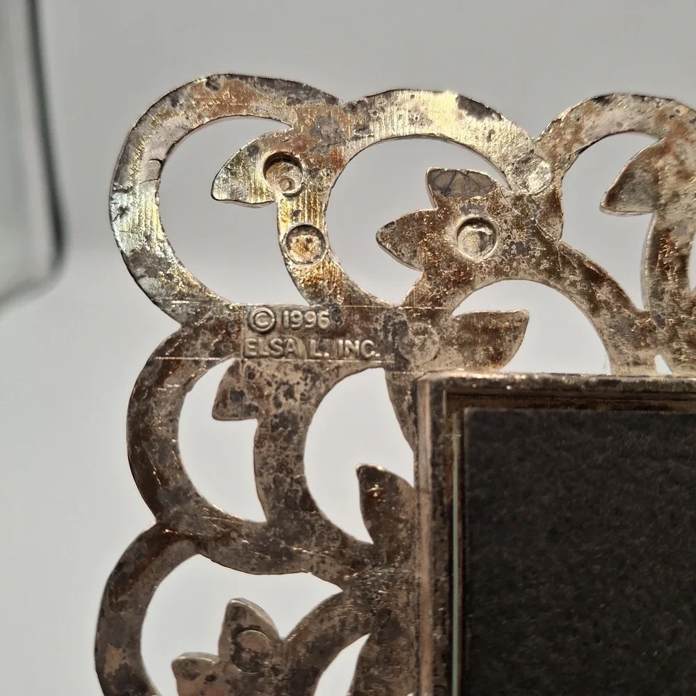 Vintage 1996 Elsa L Inc Picture Frame Silver Gold Leaf Filigree Scroll 3.5x5